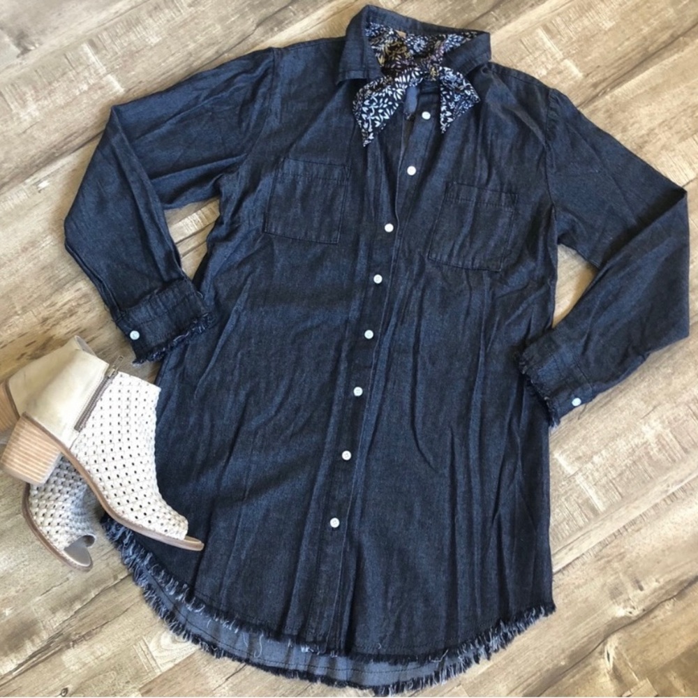 Black Washed Denim ButtonFrayed Shirt Dress Chicme